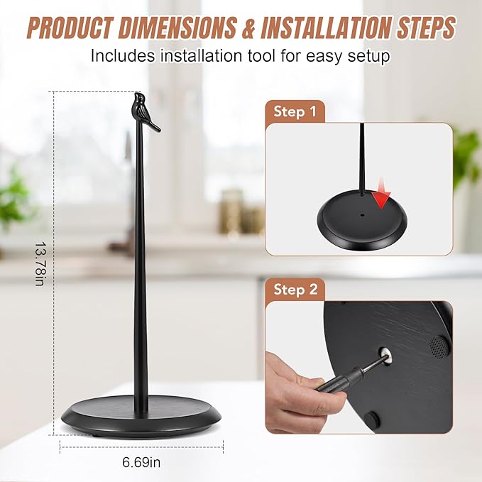Wooden Paper Towel Holder countertop,Stylish Bird Shaped,Solid Wood Base&Iron Top,with Non-Slip Mat,Stable&Durable,Paper Towel Holder Black-Farmhouse Style to Elevate Your Kitchen's Décor(All Black)