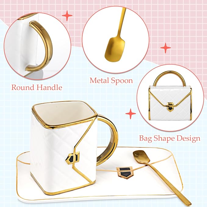 Nitial 2 Sets Handbag Shaped Mug and Saucer Set 10 oz/ 310 ml Ceramic Coffee Mug Purse Tea Cup with Saucer Spoon for Office Home Coffee(Black, White)