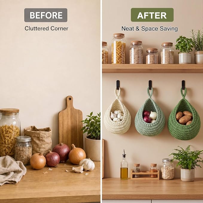 Honeydak Boho Decor Hanging Wall Baskets for Kitchen 3 Pack Teardrop Baskets with Hooks Storage Fruit Onion Vegetable Potato for Home 3 Sizes