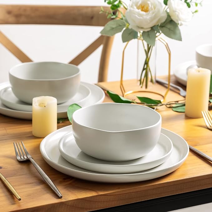 AmorArc Ceramic Dinnerware Sets, Wavy Rim Stoneware Plates and Bowls Sets,Dishwasher & Microwave & Oven Safe Dishes set, Service for 4 (12pc)-Matte White