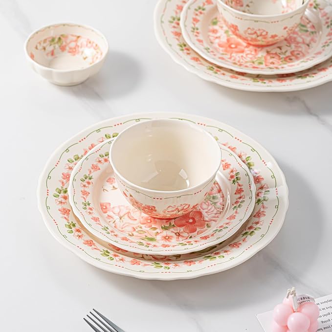 16-Piece Dinnerware Set for 4, Ceramic Plates and Bowls Sets, Microwave & Dishwasher Safe Dish Sets for Daily Use & Gifting, with Morning Bloom Floral Vine Pattern