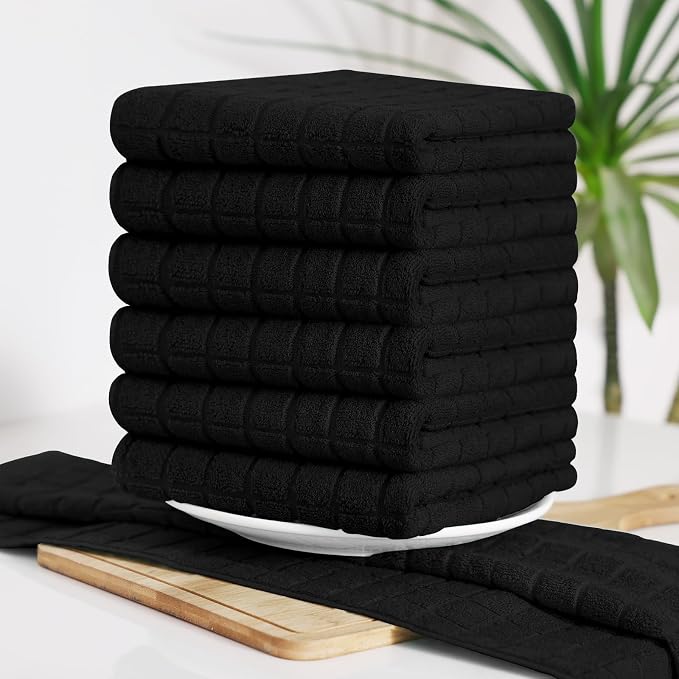 Homaxy Premium Cotton Kitchen Towels 16"x 28", Large Natural Ring Spun 390 GSM Dish Towels, Super Absorbent Terry Kitchen Hand Towels, Soft Tea Towels with Hanging Loop, Pure Black Design, 4 Pack