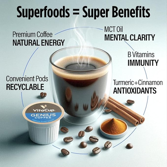VitaCup Organic Genius Keto Coffee Pods, Increase Energy & Focus w/MCT Oil, Turmeric, B Vitamins, D3, Medium Dark Roast, Bold, Smooth, Single Serve Pod Compatible w/Keurig K-Cup Brewers, 10 Ct