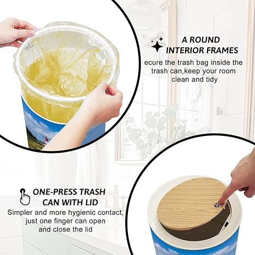 Trash Can with Lid Barnegat Lighthouse Sand Beach Fence New Jersey Press Top Round Small Garbage Bin with Wooden Legs Waste Basket for Kitchen Bedroom Nursery 7L/1.8 Gallon