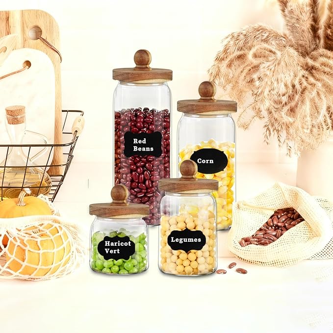 5 Pcs Glass Storage Jars with Wooden lid Clear Spice Food Storage Containers with Label and Pen Candy Airtight Canisters for Kitchen Beans Cookie (4 Sizes)