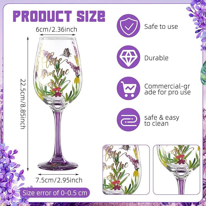 SiliFine 4 Pcs Lavender Party Stemmed Wine Glasses Hand Painted Purple Flower Butterfly Drinking Cup Wine Glasses Gifts for Women Mom Birthday Wedding Anniversary Holiday Party Supplies