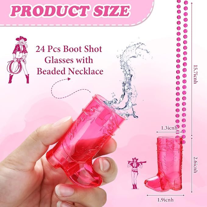 Sieral 24 Pcs Cowboy Boot Shot Glasses on Beaded Necklace Plastic Reusable Cowgirl Shot Boot Glasses Necklace Party Cups for Cowboy Cowgirl Bachelorette Carnival Western Birthday (Transparent Rose)