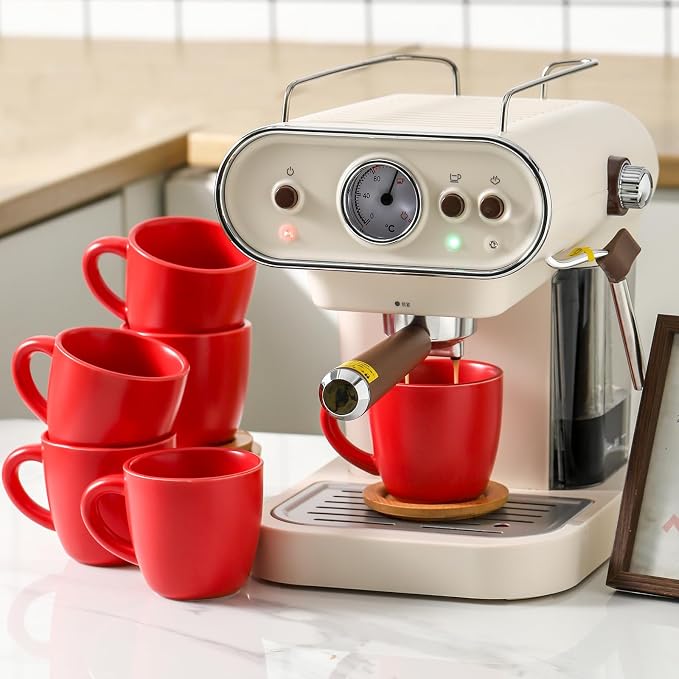 HASENSE Cappuccino Cups with Bamboo Saucers Set of 6, 8 OZ Ceramic Espresso Cups with Handle for Double Shot, Latte, Mocha, Stackable Coffee Cups for Cafes, Home and Office, Red