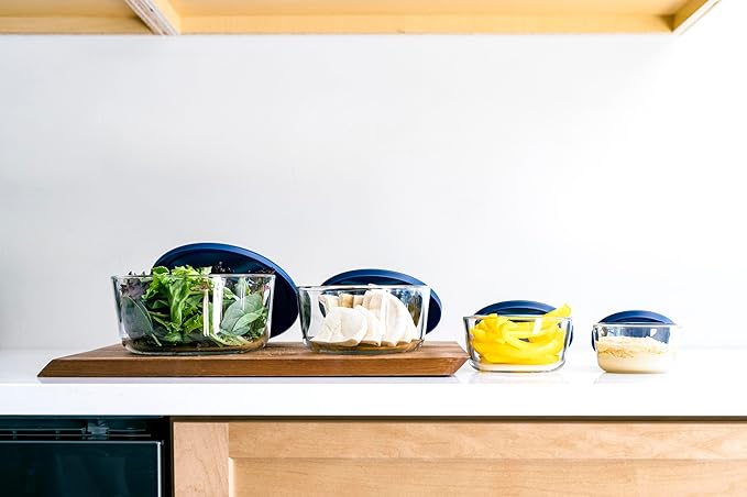 DURA LIVING 16-Piece Glass Food Storage Containers Set (8 Containers + 8 Lids) | Round, Nesting, Microwave & Dishwasher Safe | BPA-Free, Space-Saving | Color Lids for Pantry & Kitchen Organization