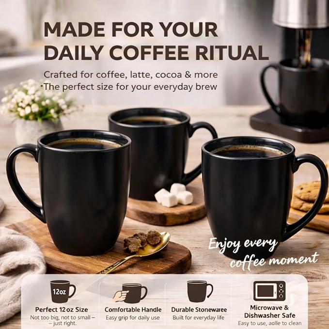 AmorArc 12 OZ Coffee Mugs, Matte Black Coffee Cups with Large Handle for Man, Woman, Ceramic Coffee Mugs Set of 12 for Latte/Cappuccino/Cocoa/Milk, Dishwasher & Microwave Safe