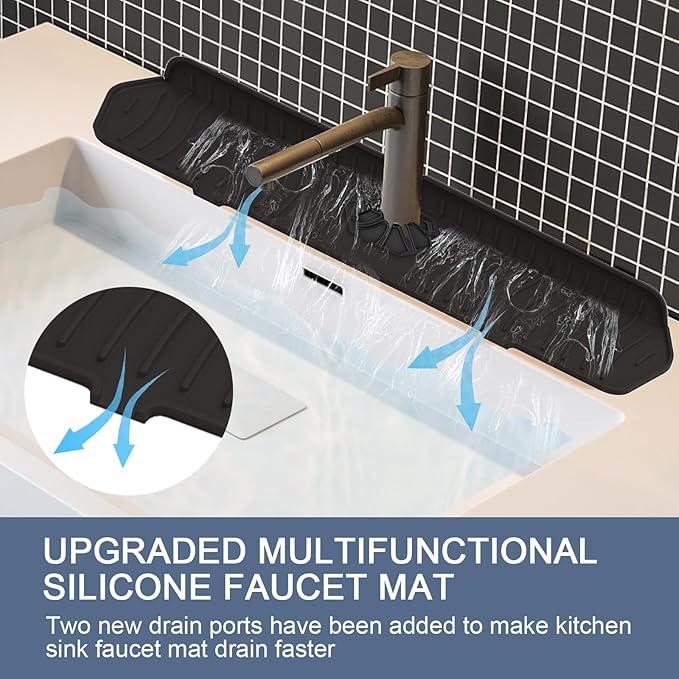 Faucet Guard - 90 Foldable Draining Mat for Kitchen Sink with 2 Drain Ports, Black, 24"*5.66"