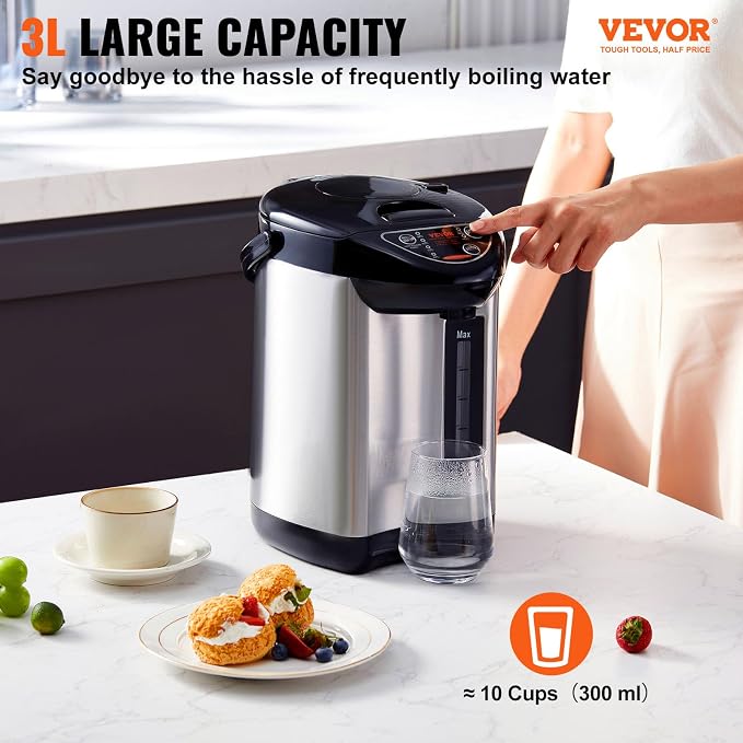 VEVOR Hot Water Dispenser, Adjustable 4 Temperatures Water Boiler and Warmer, 304 Stainless Steel Countertop Water Heater, 3-Way Dispense for Tea, Coffee and Baby Formula, 3L/102 oz
