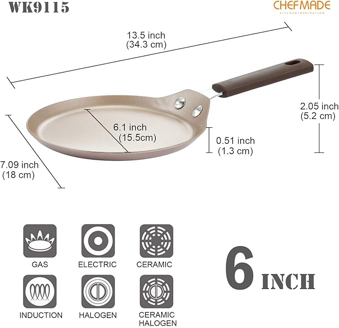 CHEFMADE Mini Crepe Pan with Bamboo Spreader, 6-Inch Non-Stick Pancake Pan with Insulating Silicone Handle for Gas, Induction, Electric Cooker (Champagne Gold)
