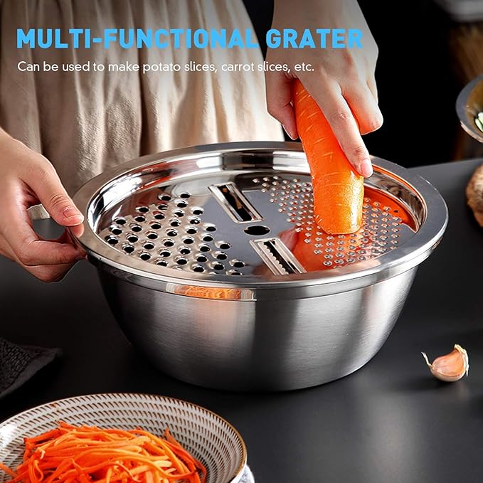 Stainless Steel Grater with Drain Basket 3-in-1 Multipurpose Vegetable Cutter Salad Bowl Kitchen Strainer and Shredder 10.2 Inch