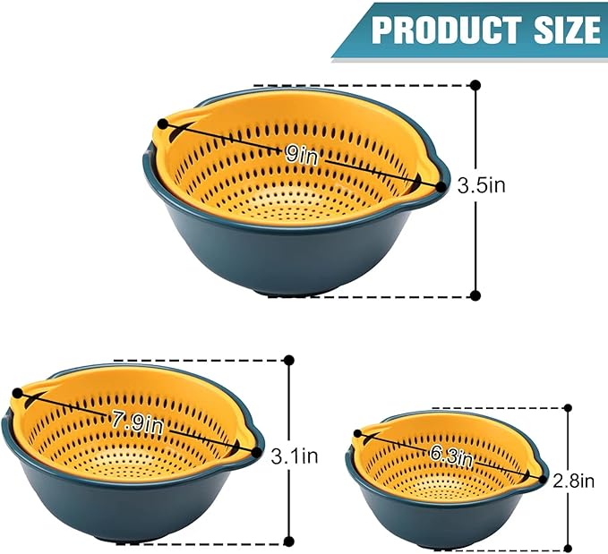 6 Pieces Colander with bowl, Plastic Strainer for Pasta, Veggies and Fruits, BPA Free, Dishwasher Safe (blue, tiny)