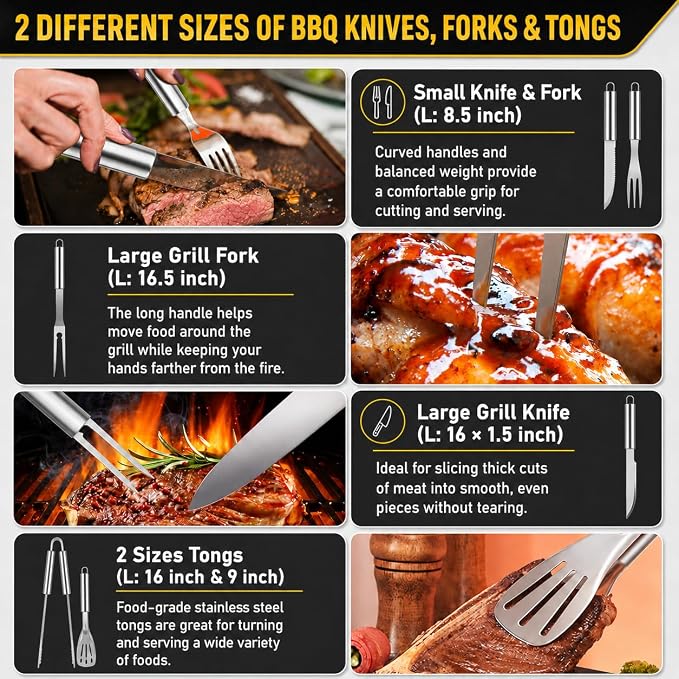34Pcs Grill Accessories Grilling Gifts for Men, 16 Inches Heavy Duty BBQ Accessories, Stainless Steel BBQ Tools with Thermometer, Grill Mats for Backyard, BBQ Set for Men Women