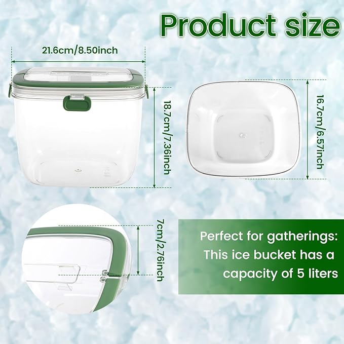 5L Portable Ice Cube Storage Bin, Clear Ice Bucket for Freezer with Lid & Tong for Outdoor Camping, Plastic Refrigerator Ice Cube Trays Storage Bin for Whiskey Wine Cocktail Party