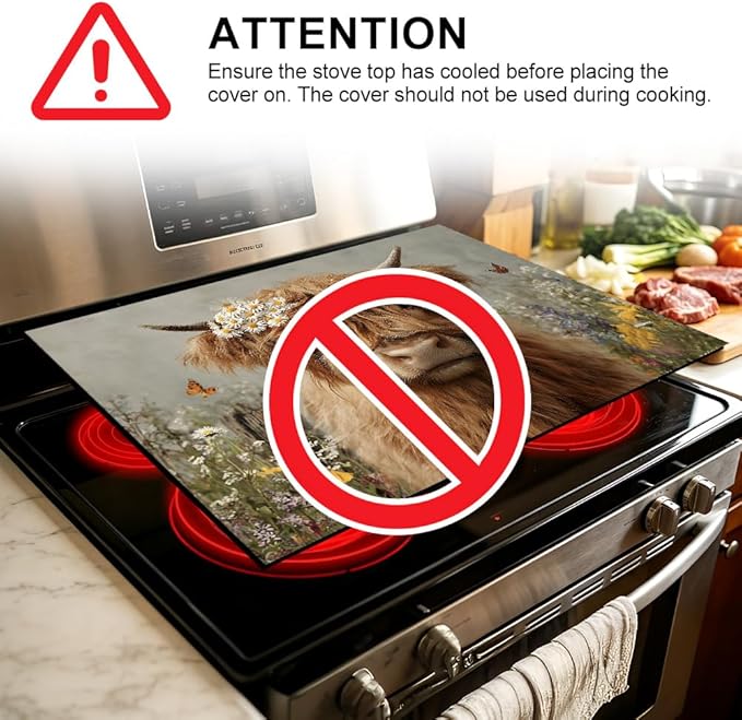 Stove Top Cover for Electric Stove 28.35 x 20.47 Inch Non Slip Stove Mat Highland Cow Daisy Glass Cooktop Protector Kitchen Counter Mat