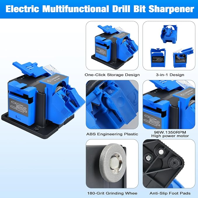 3-in-1 Multifunction Electric Drill Bit Sharpener for Knife, drill, Chisel, Scissor, Grinder with Adjustable Angles, 96W 1350rpm drill doctor afilador de brocas, Compact Design ﻿