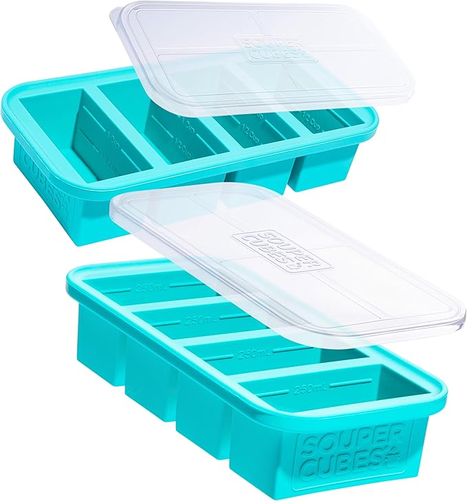 Souper Cubes 1 Cup Silicone Freezer Molds with Lids - Soup Cubes with Steel Reinforced Rim - Perfect for Freezing Broth, Rice, Individual Portions, Meal Prepping and More - Aqua - 2-Pack
