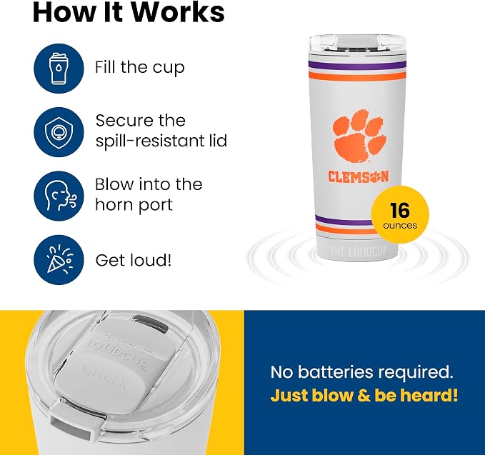 The LoudCup Blow Horn Tumbler, Cheer & Sip 2-in-1 Reusable Water Bottle with Built-In Horn for Sports Games, Tailgates, Parties & Events, BPA-Free, 16 oz, Clemson University