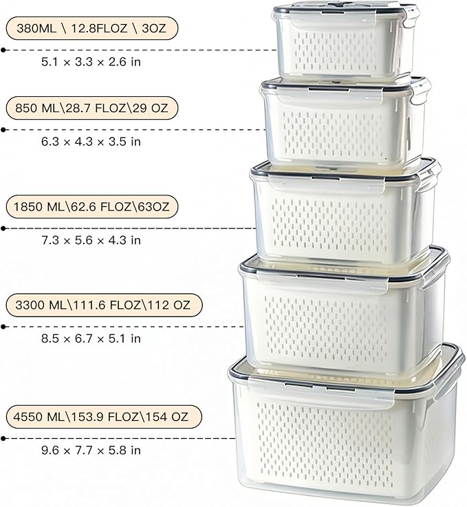 Produce Storage Containers Set with Drain Basket & Lid – Stackable Fridge Organizer Bins for Refrigerator – Fruit & Vegetable Storage Keeper, Berry Container, Lettuce Storage Box (6 Sizes) (5)