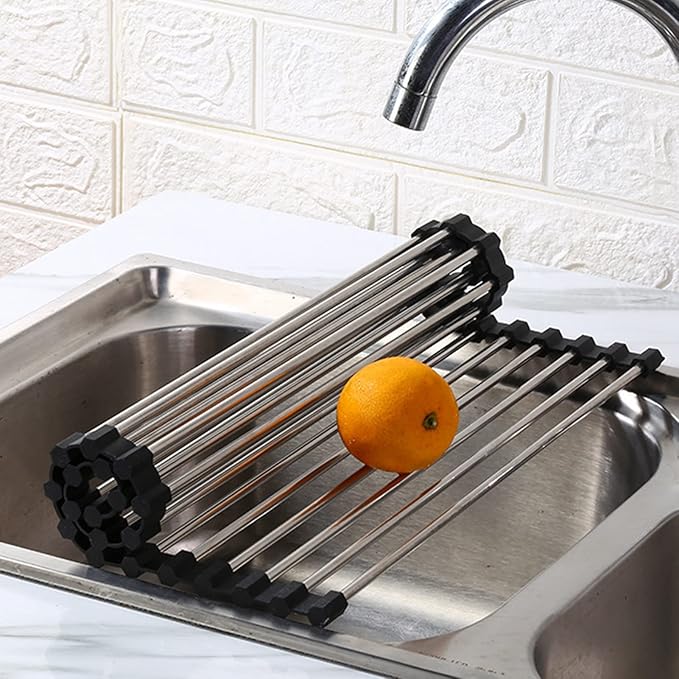 Sink Drainer Rack - Roll Up Over Sink Dish Drying Rack, Multi-Purpose Fruit Vegetable Drainer, Collapsible Stainless Steel Rack for Kitchen Organization(37 * 39cm)