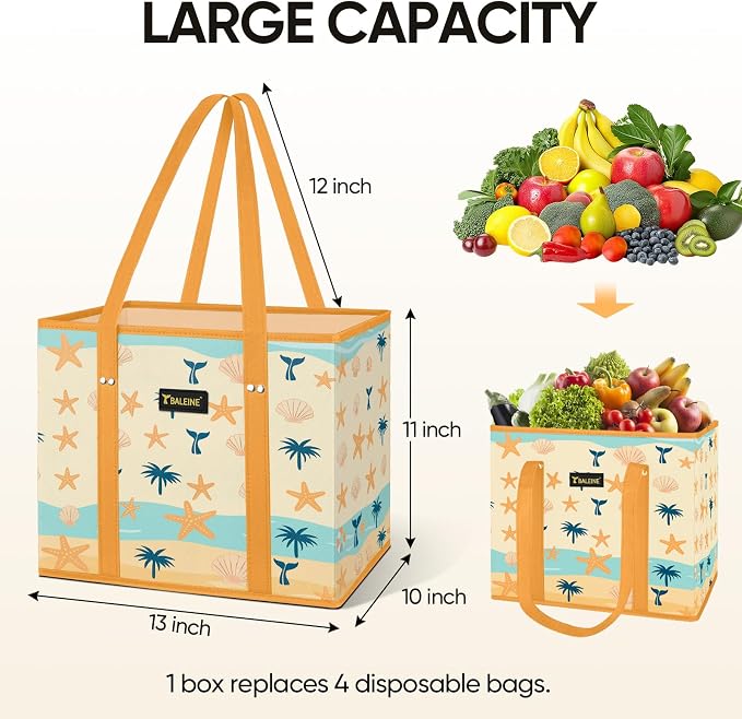 BALEINE 1Pk Reusable Grocery Bags, Foldable Shopping Bags for Groceries with Reinforced Bottom & Handles (Summer Beach-Yellow)