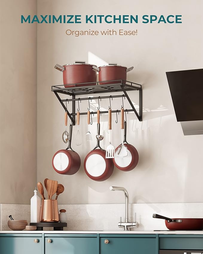 OROPY 23 Inch Wall Mounted Pot Rack Storage Shelf with 2 Tier Hanging Rails 12 S Hooks included, Ideal for Pans, Utensils, Cookware, Plant Black