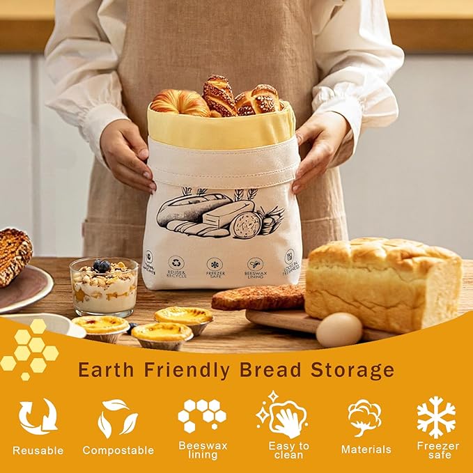 2-Pack Reusable Beeswax Bread Bags for Sourdough & Homemade Bread，Cotton Waxed Bags Keeps Fresh Longer(Azure Petals)