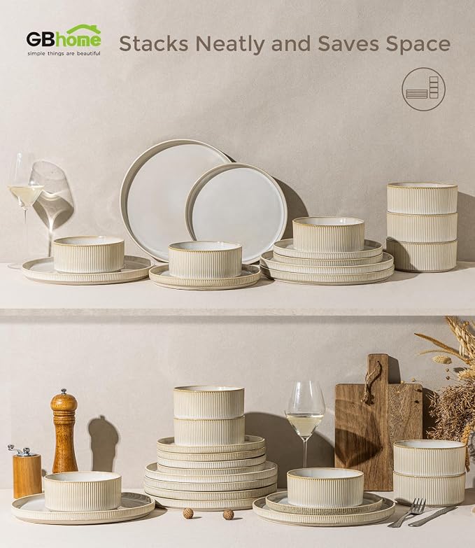 GBHOME 18-Piece Stoneware Dinnerware Set for 6 – Ribbed Ceramic Plates and Bowls, Scratch-Resistant, Microwave & Dishwasher Safe, Reactive Glaze, Oatmeal Veil