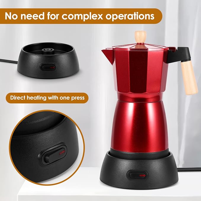 Moka Pot Electric Espresso Coffe Maker, 300ml 6 Cups Portable Coffee Pot with Overheat Protection and Detachable Base, Electric Espresso Maker, 450W, Red