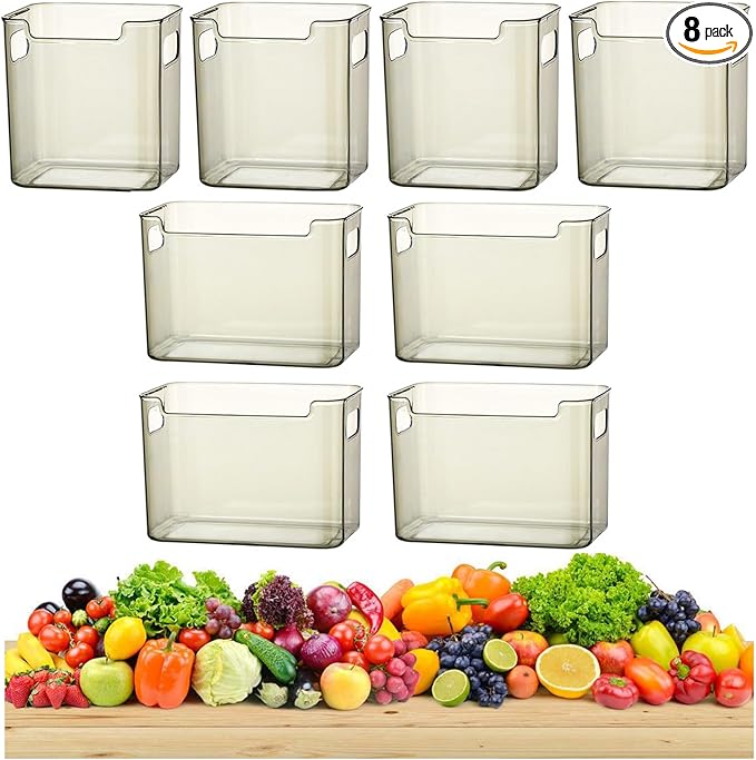 2/4/6/8 Pcs Crystal Clear Freezer Storage Bins, Freezer Organizer Bins, Clear Plastic Bins, Stackable Kitchen Cabinet Organizer with Handles for Frozen Food, Meat & Veggies (8, Green, S+L)
