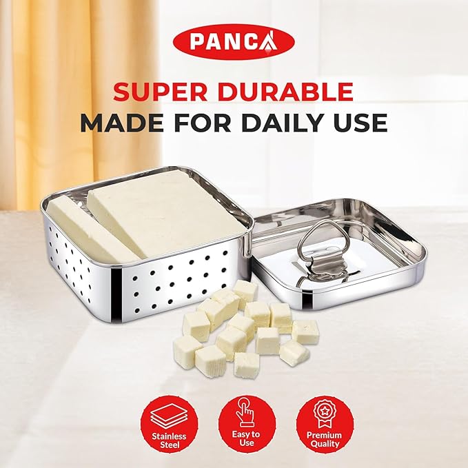 PANCA Stainless Steel Square Shape Indian Paneer/Tofu Press Mould Maker (450 Ml), Size-12.5X12.5X4.5 Centimeters, Silver (Big)