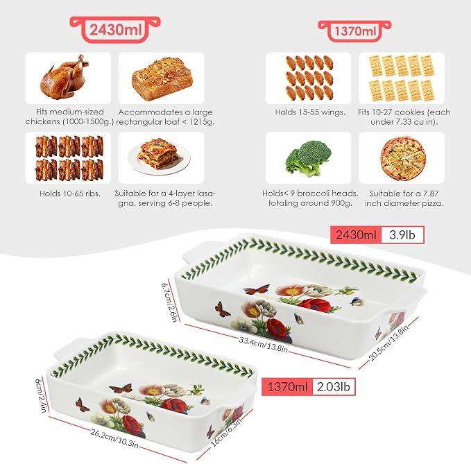 ACMLIFE Ceramic Casserole Dish Set, Ceramic Baking Dish for Oven, Casserole Dish Bakeware Set, Casserole Dishes for Oven, Lasagna Pan, Large Baking Dishes with Handles, Microwave, Dishwasher Safe, Gift Packaging Floral 2 Pcs Set(13"x8"+10.3"x6.3") (Bea...