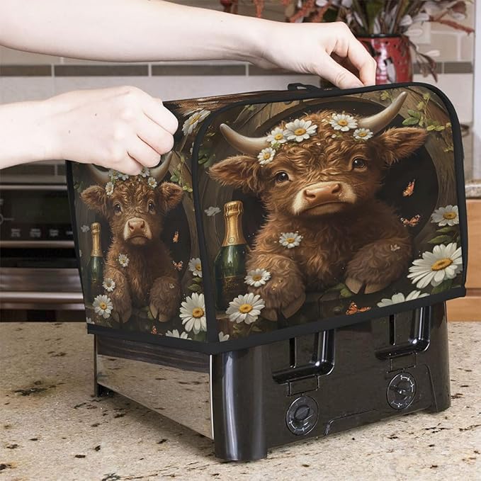Highland Cow Flower Animal Toaster Cover 4 Slice Dust and Fingerprint Protection Toaster Bread Maker Covers Washable Kitchen Small Appliance Covers for Kitchen Accessories Decor Bakeware Women Gift