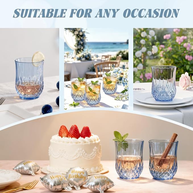 24 Pack Plastic Stemless Wine Glasses,12oz Unbreakable Vintage Elegant Drinking Glass Set,Reusable Fancy Cocktail Cups for Party, Wedding, and Bulk Events (24, 12oz-Blue)