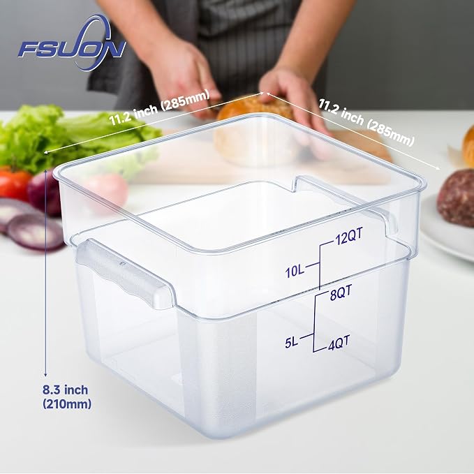 4 Pack 12 Qt Square Polycarbonate Food Storage Containers with Lids | Clear BPA-free PC with lids, side handles, measurement scale and stackable design; for food prep, storage and freezer use.