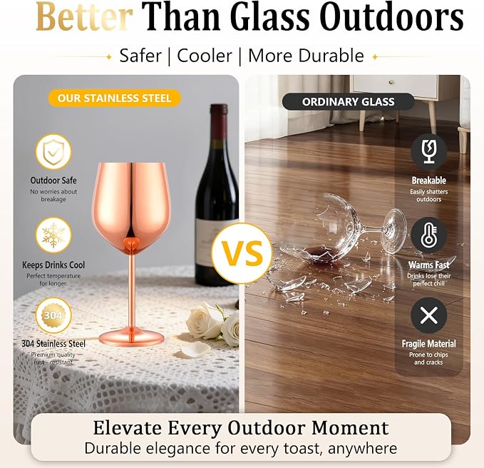 UNISWEET Stainless Steel Wine Glasses Set of 4 Unbreakable Wine Glass 18 oz Unique Metal Wine Goblets for Outdoor, Travel, Camping, Pool, Ideal Gift for Wine Lovers (Mirror-Rose Gold)