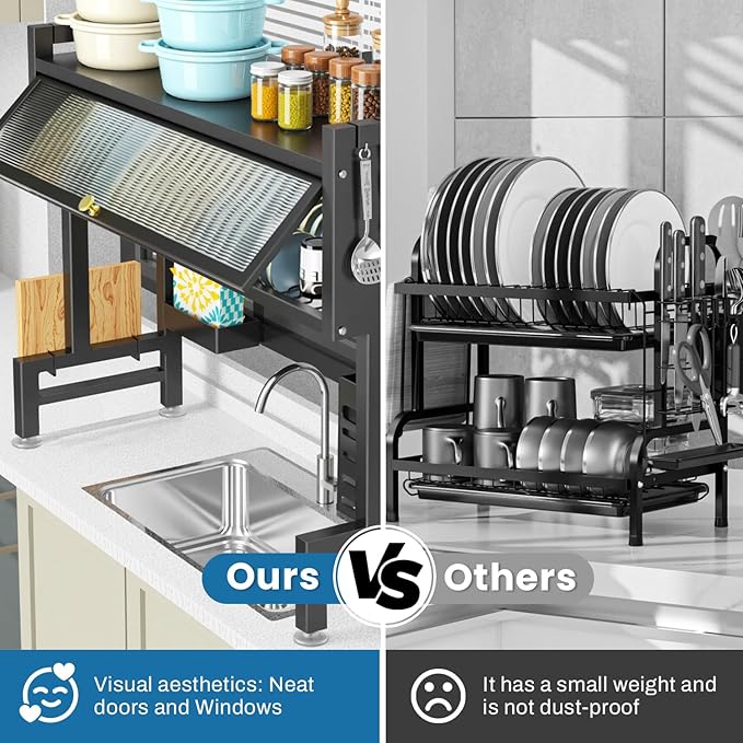 Over the Sink Dish Drying Rack 3 Tier with Cover.Space-Saving Dish Drainer Organizer for Dishes, Glasses, Bowls & Cutlery.Tidy Kitchen Counter Storage Solution