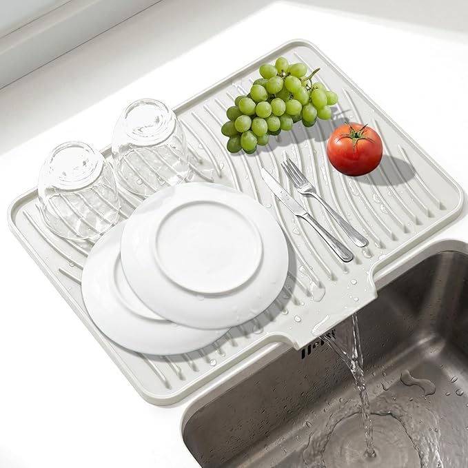 Silicone Dish Drying Mat for Kitchen Counter, Non-Slip Drain Pad with Built-in Drain, Heat Resistant Dish Drying Pad, Multi-Use Drying Mat, Dishwasher Safe & Hangable, Cream, 19.7" x 15"