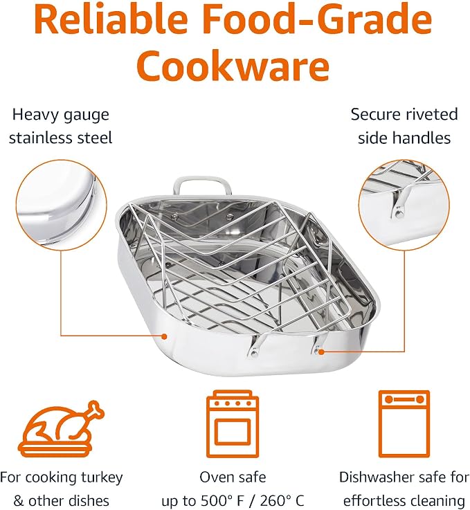 Amazon Basics Stainless Steel Rectangular Roasting Pan with Rack, Turkey Roaster, Dishwasher Safe, Easy to Clean, Oven Safe, 16 in