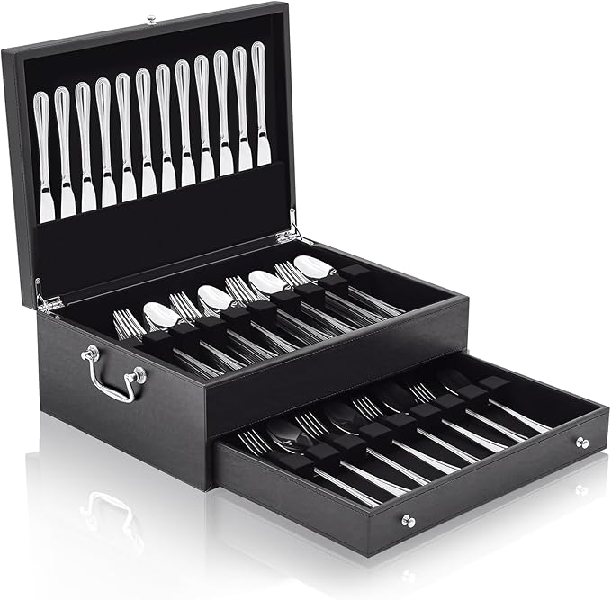 DoubleFill 2 Layer Leather Silverware Storage Box with Lid and Handles, Anti Tarnish Silverware Storage Chest Case with Felt-lined for 12-16 or More Sets of Utensils Flatware Gifts, 15.3x11.2x5.7 Inch