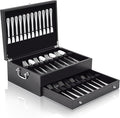 DoubleFill 2 Layer Leather Silverware Storage Box with Lid and Handles, Anti Tarnish Silverware Storage Chest Case with Felt-lined for 12-16 or More Sets of Utensils Flatware Gifts, 15.3x11.2x5.7 Inch