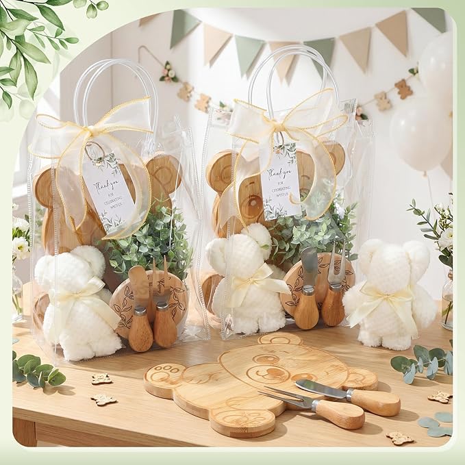 Honeydak 49 Pcs Bear Baby Shower Prizes for Game Players 6 Sets Bear Shaped Bamboo Cheese Board Fork Knives Coasters Towel Potted Plant Thanks Card Gift Bag for Baby Bridal Shower Wedding Favors
