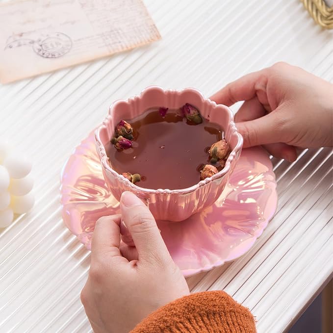 amokk Porcelain Coffee Mugs Flower Shaped Tea Cup and Saucer Set for Housewarming Gift Home Decor (Pink)
