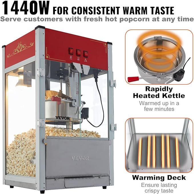 VEVOR Commercial Popcorn Machine, 12 Oz Kettle, 1440 W Countertop Popcorn Maker for 80 Cups per Batch, Theater Style Popper with 3-Switch Control Steel Frame Tempered Glass Doors 1 Scoop 2 Spoons, Red | 80 Cups per Batch, Theater Style Popper with 3-Sw...