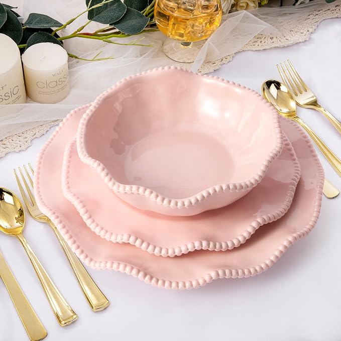 Pink Melamine Dinnerware Sets for 4,Scalloped Plates and Bowls Set with Beaded Edge, BPA Free Dishwasher Safe, Heavy Duty Shatterproof Unbreakable Tableware for Wedding Party Camping Outdoor