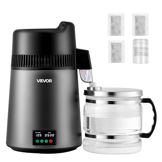 VEVOR Water Distiller, 6L/1.6 Gallon Larger Pure Water Purifier Filter for Home Table Countertop, 900W Glass Pot Distilled Maker, Stainless Steel Interior Drinking Machine to Make Clean Water