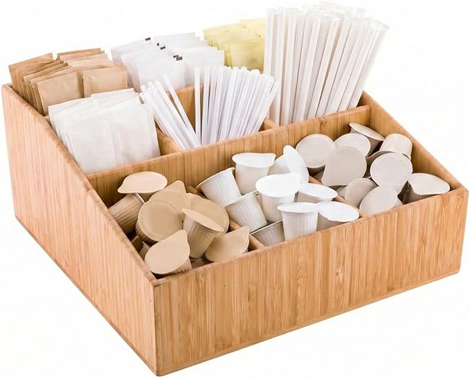 Restaurantware-11.75 x 5.5 Inch Coffee Condiment Organizer, 1 Square Creamer Organizer - 9 Compartments, Break-Resistant, Bamboo Coffee Accessory Caddy, Won't Chip, For Sugar Packets And Creamers